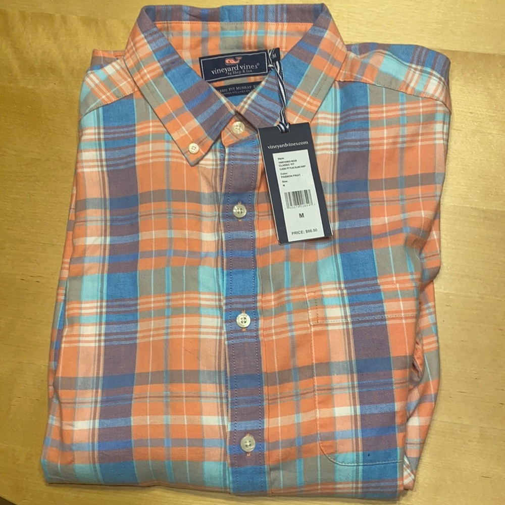 Coral and blue Vineyard Vines classic button down